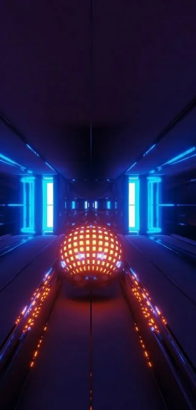 Futuristic neon-lit corridor with glowing sphere.