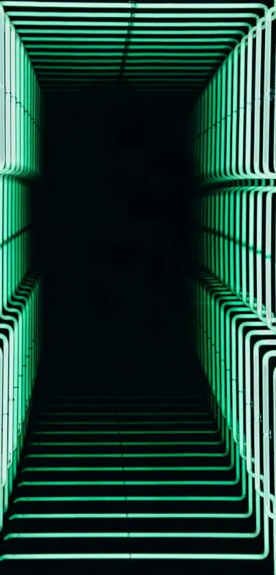 Neon-lit corridor creating a futuristic vibe with glowing green lines.