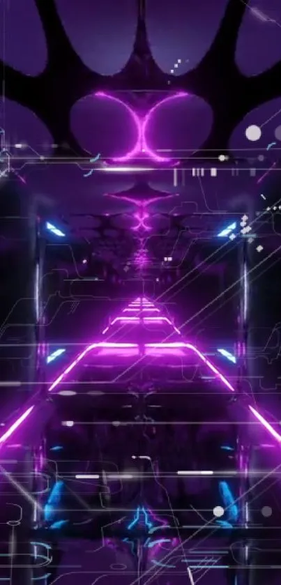 Futuristic neon corridor with vibrant pink and blue glow.