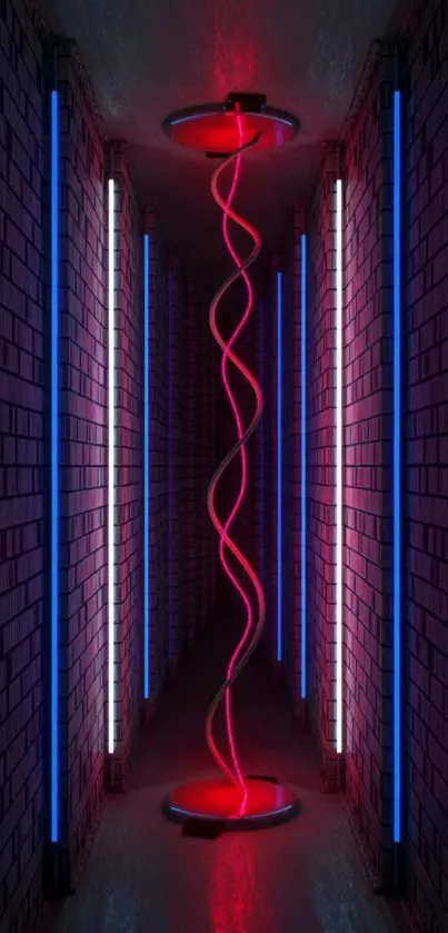 Futuristic neon corridor with red and blue lights.