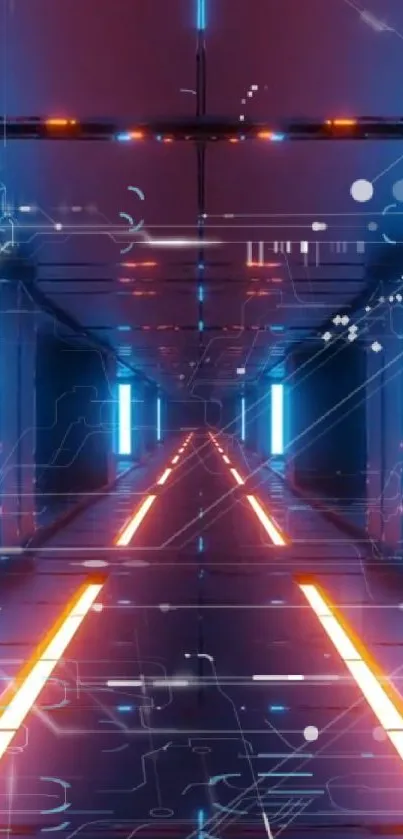 Futuristic neon corridor with electric blue lights and a modern cyber design.