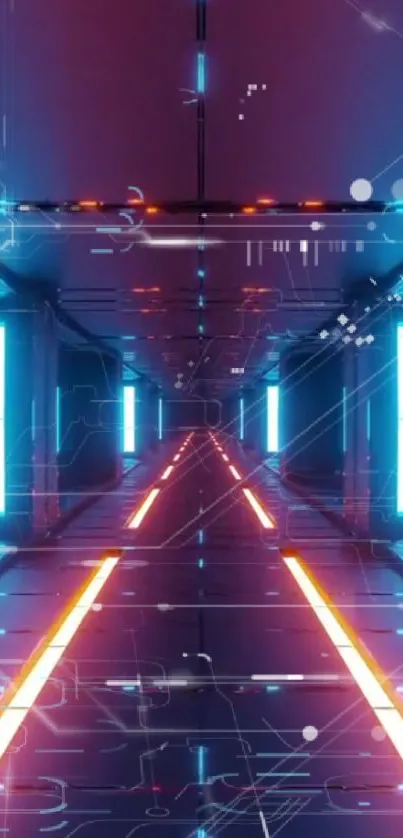 Futuristic neon corridor with cyan and magenta lights creating a high-tech ambiance.