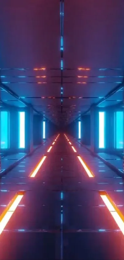 Futuristic corridor with neon blue and orange lighting.