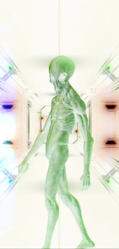 Futuristic neon corridor with humanoid figure in surreal style.