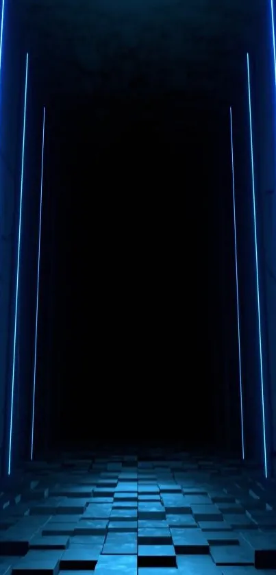 Futuristic neon corridor with blue glow.