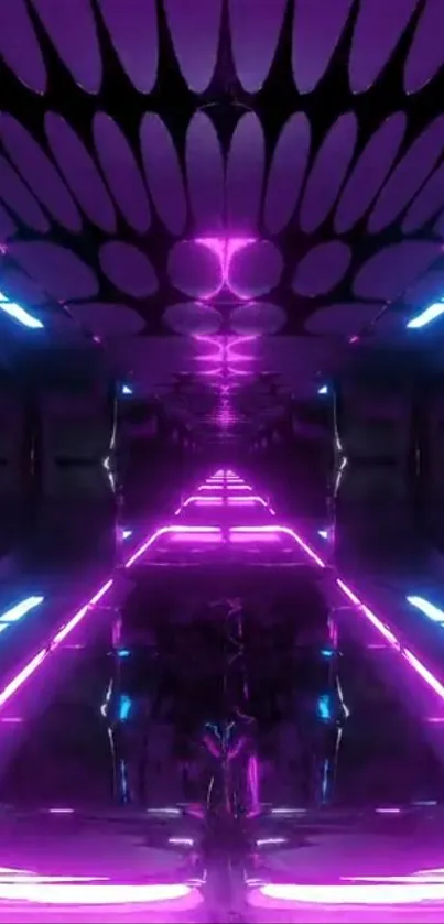 Futuristic neon corridor with glowing pink and blue lights.