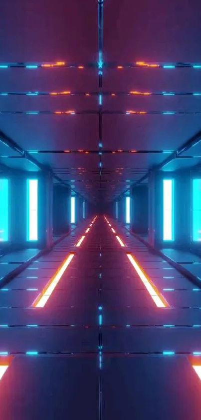 Futuristic neon corridor with blue and orange lights.