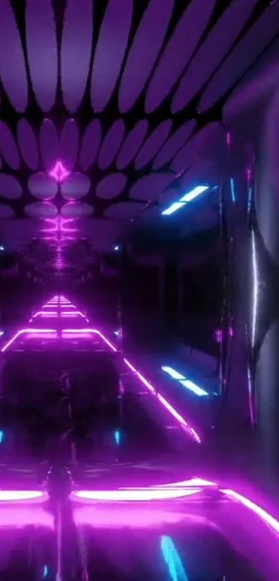 Futuristic neon corridor with pink and blue lights, creating a vibrant tunnel effect.