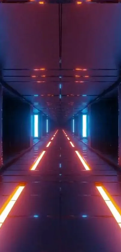 Futuristic neon corridor with blue and orange lights in a sci-fi setting.