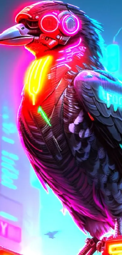 Neon cyberpunk crow with glowing feathers and vibrant background.