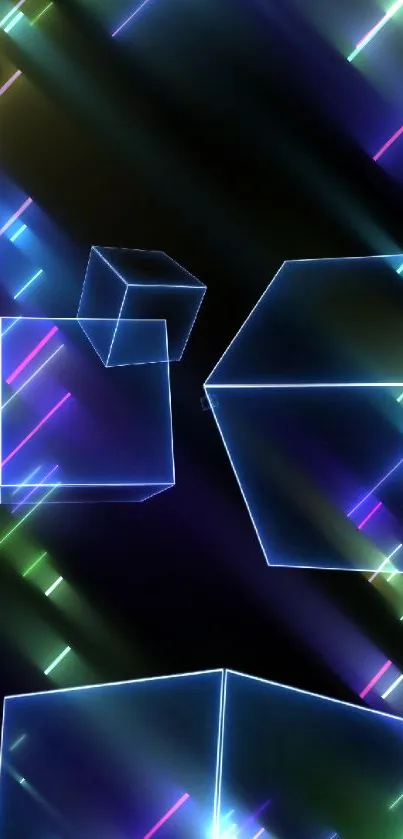 Futuristic neon cubes with glowing lines on a dark background wallpaper.