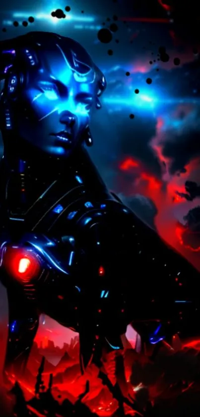 Futuristic neon cyber art with red and blue hues.