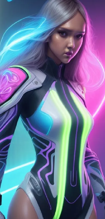 Futuristic character with neon lights in cyberpunk style.