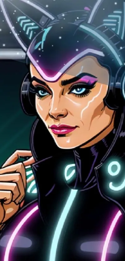 Futuristic cyber character with neon accents and cosmic backdrop.