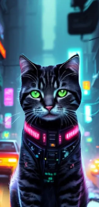 Cybernetic cat with neon glow in futuristic urban setting.