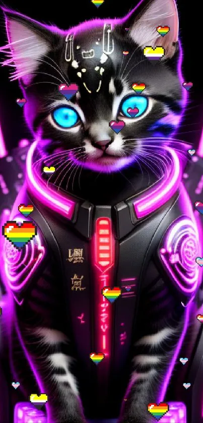 Futuristic neon cyber cat with glowing eyes.