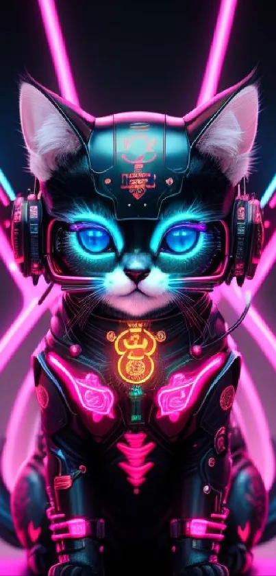 A neon cyber cat with glowing blue eyes and futuristic armor set in dark ambiance.