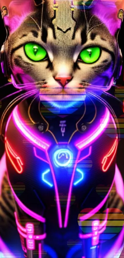 Vibrant neon cyber cat with glowing lights.