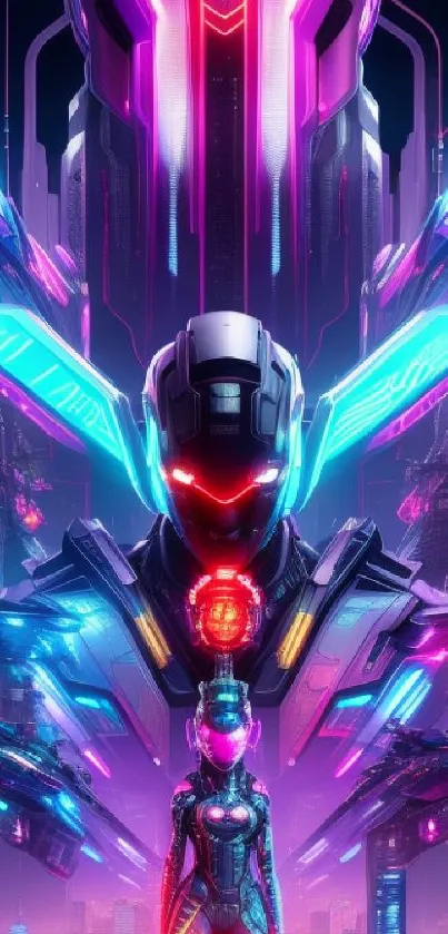 Futuristic neon cyberpunk wallpaper featuring vibrant colors and cyborg design.