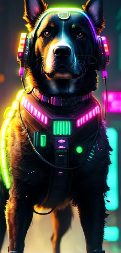 Cybernetic dog illuminated by neon lights in a futuristic cityscape.