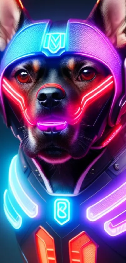 Futuristic neon cyber dog with bright glowing colors and intricate details.