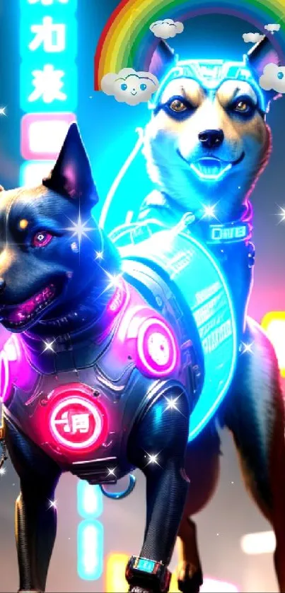 Futuristic neon cyber dog against a vibrant cityscape with rainbow elements.