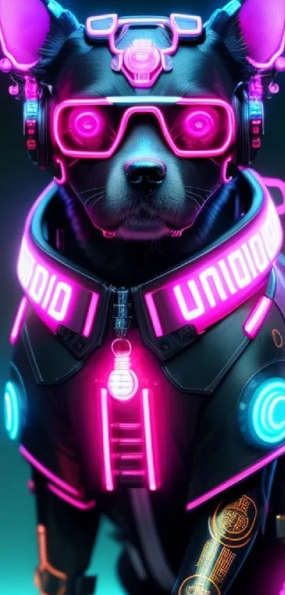 Futuristic neon cyber dog with glowing accents.