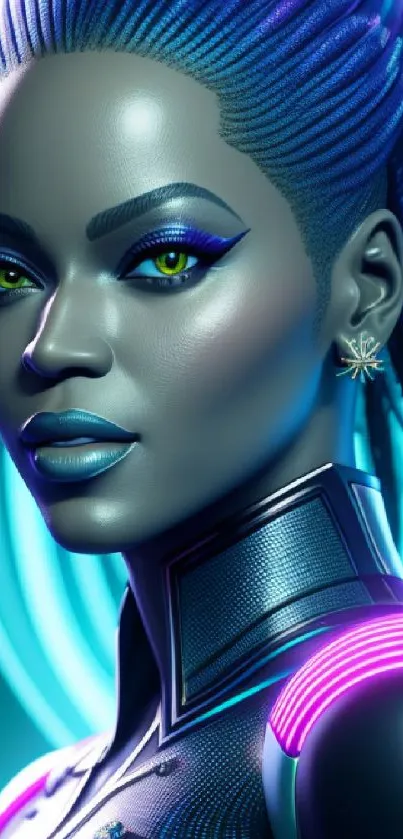 Futuristic neon cyber face with glowing accents.