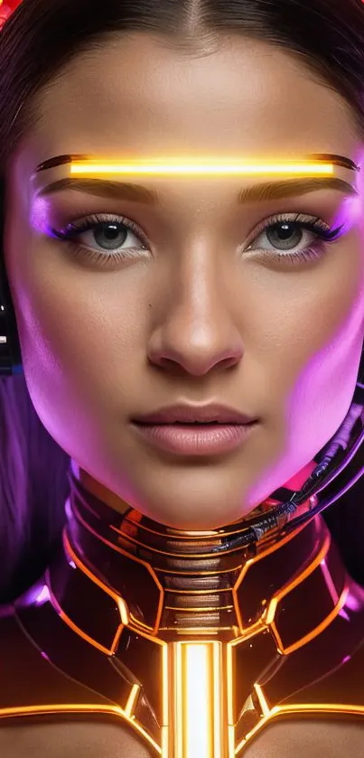 Futuristic cyber girl with neon lights and vibrant colors in a digital design.