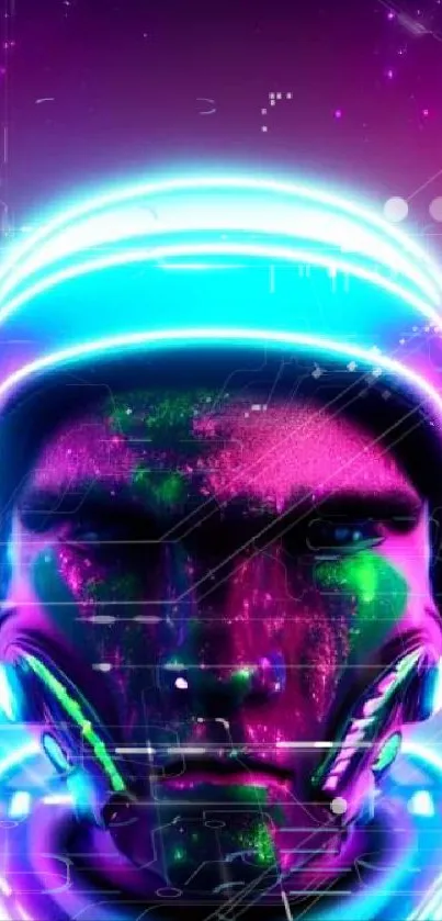 Futuristic neon cyborg helmet with vibrant colors and electric glow.