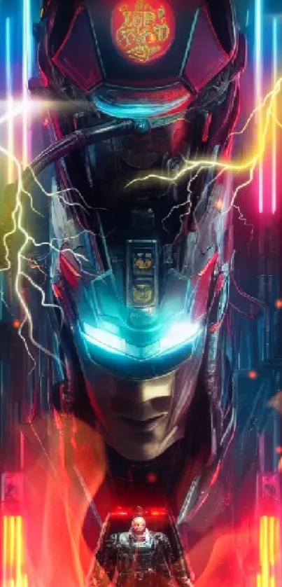 Futuristic cyber helmet wallpaper with neon lights and vibrant colors.