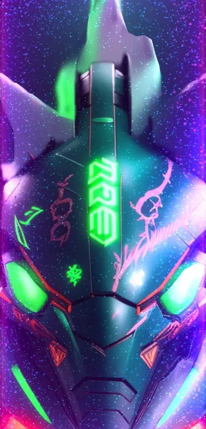 Futuristic neon cyber helmet with glowing accents on a mobile wallpaper.