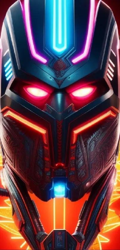 Futuristic cyber mask with neon lights on red background.