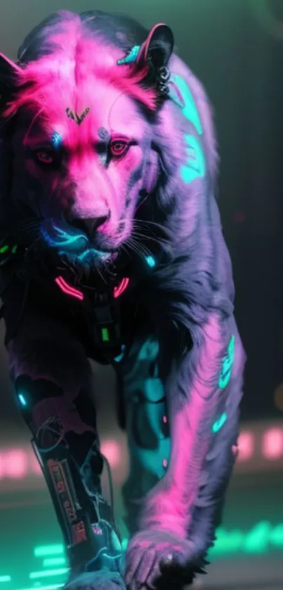 Neon cybernetic panther art with futuristic background.