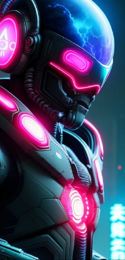 Futuristic neon cyber robot with glowing elements in a digital artwork.