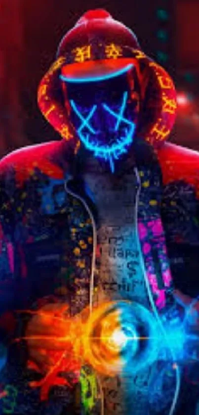 Cyberpunk neon street art wallpaper with hooded figure.