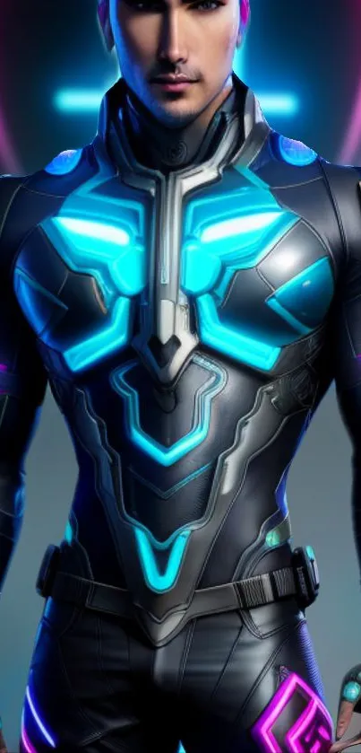 Futuristic neon cyber suit with blue glowing accents.