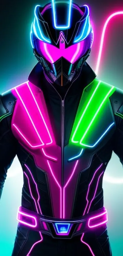 Futuristic neon cyber suit with vibrant glowing lines.