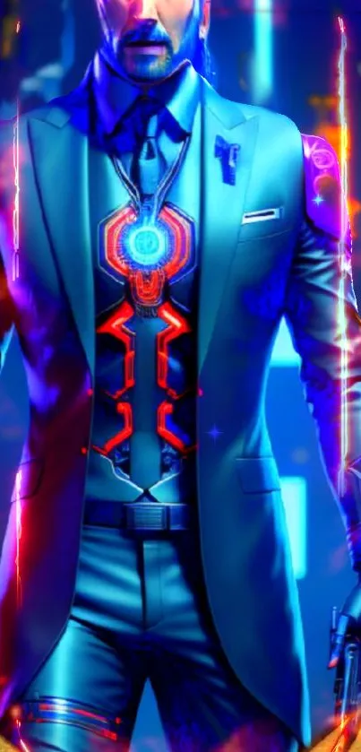 Futuristic figure in neon cyber suit with glowing accents on a vibrant background.