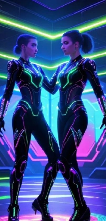 Futuristic neon-clad twins in a digital environment with vibrant lighting.