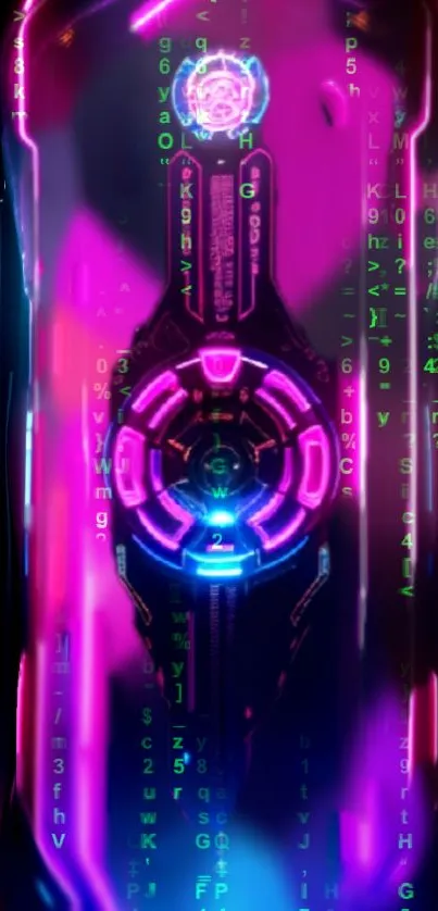 Futuristic neon cyber wallpaper with digital codes and vibrant colors.