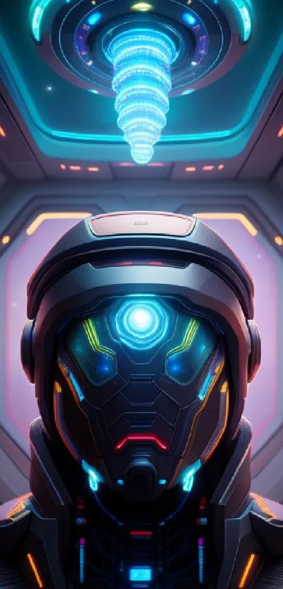 Futuristic neon helmet with cosmic background in tech design.