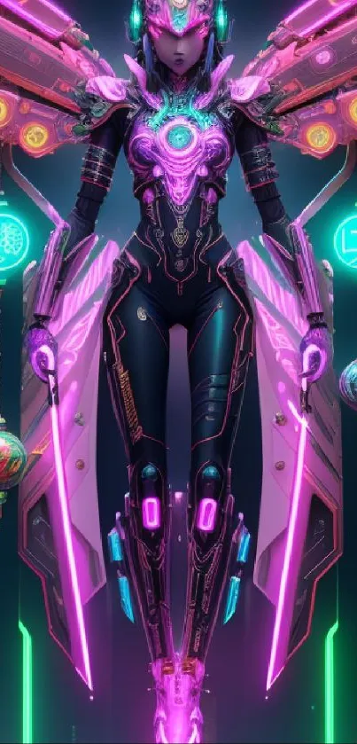 Futuristic neon cyber warrior with vibrant colors and dynamic design.