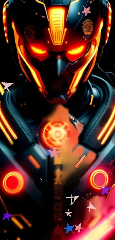 Futuristic warrior in neon lights, dark backdrop.