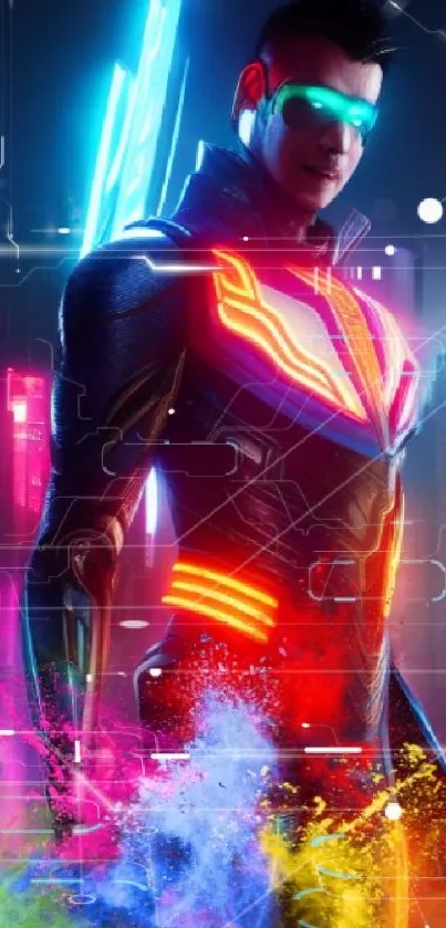 Futuristic neon cyber warrior with vibrant cityscape.