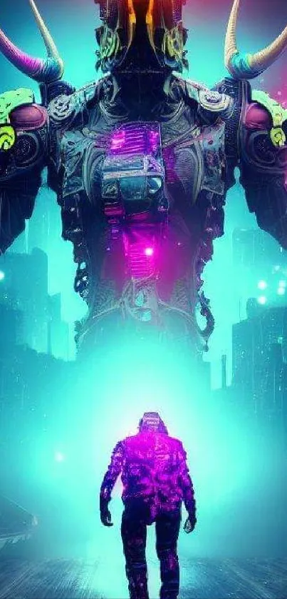 Neon cyber warrior in a futuristic cityscape with glowing colors.