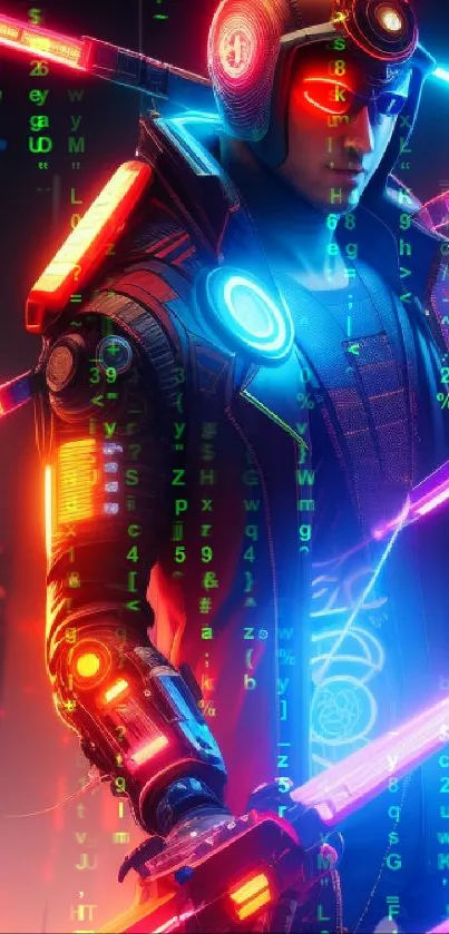 Cyber warrior with neon lights and futuristic aesthetic, ideal for tech enthusiasts.