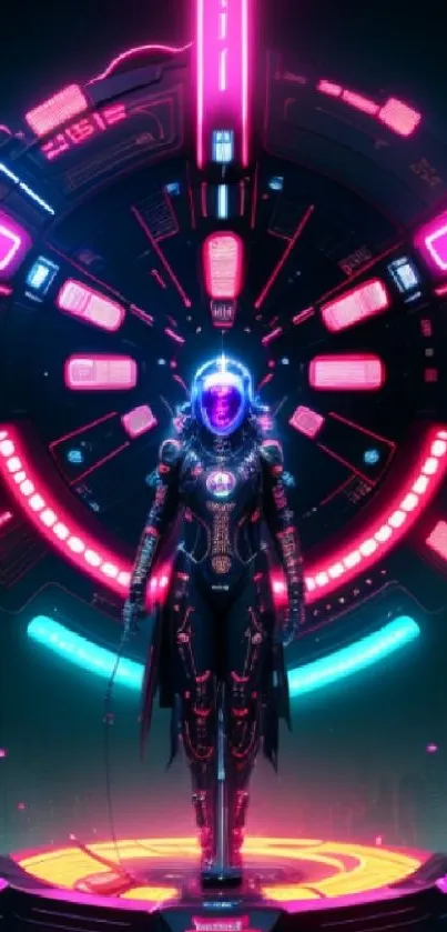 Neon cyber warrior in a futuristic setting with vibrant pink and blue lights.