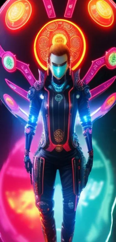 Futuristic cyber warrior with neon hues in a sci-fi digital art style.