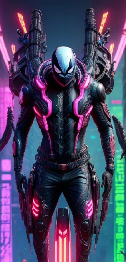 Futuristic cyber warrior in neon-lit city.